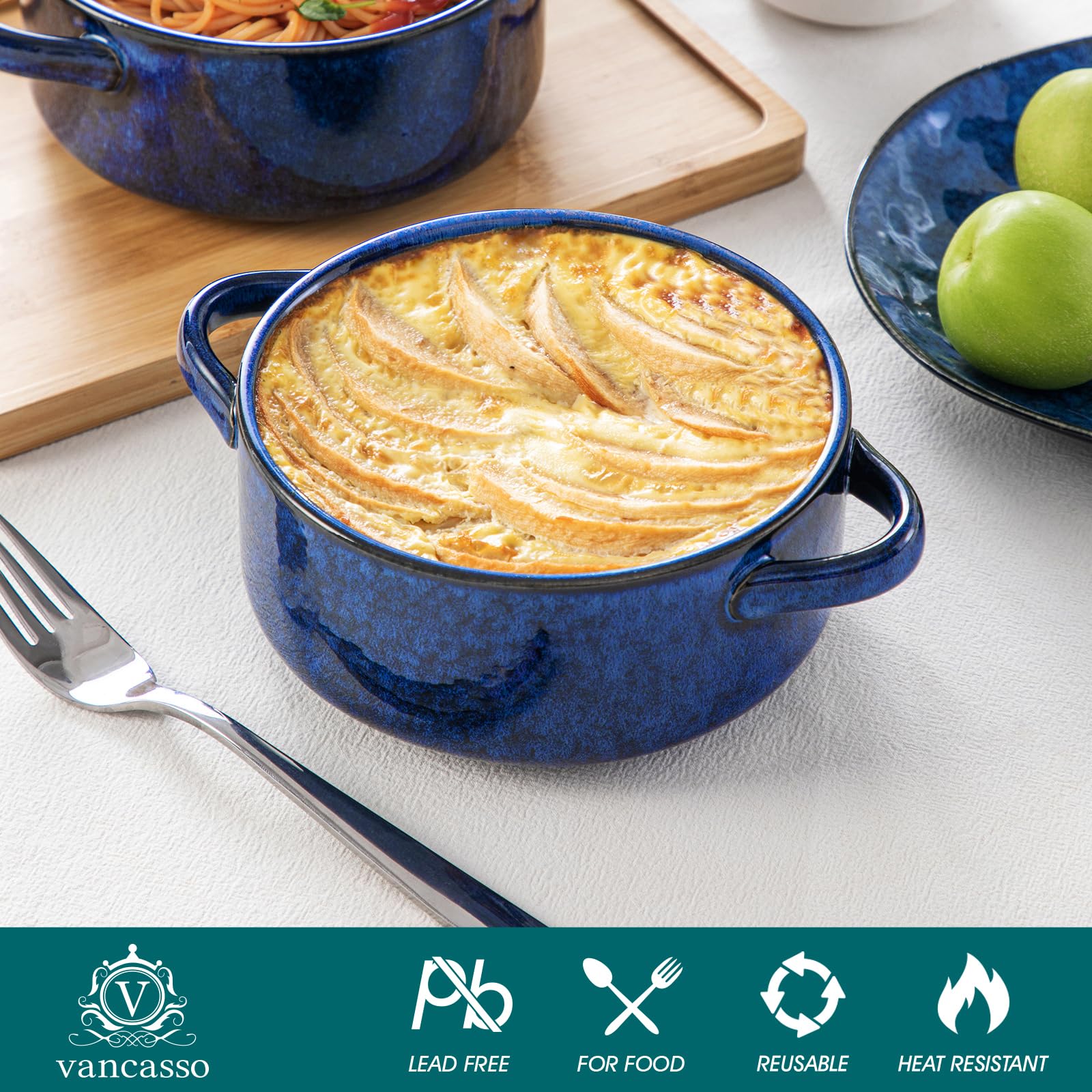 Oven-safe porcelain by Vancasso preserves warmth from oven to table.