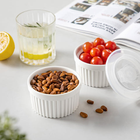Stackable white porcelain keeps cabinets organized and ready for gatherings.