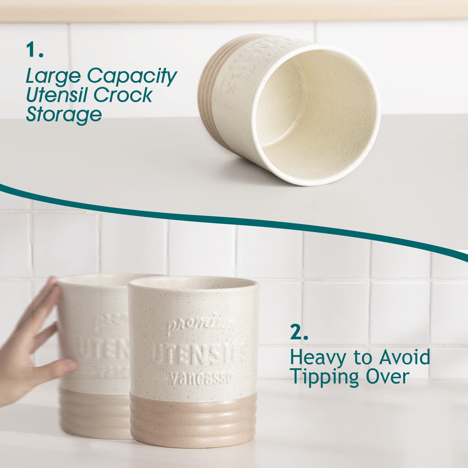 Sabine utensil holder with utensils inside, demonstrating deep capacity for 15–20 tools