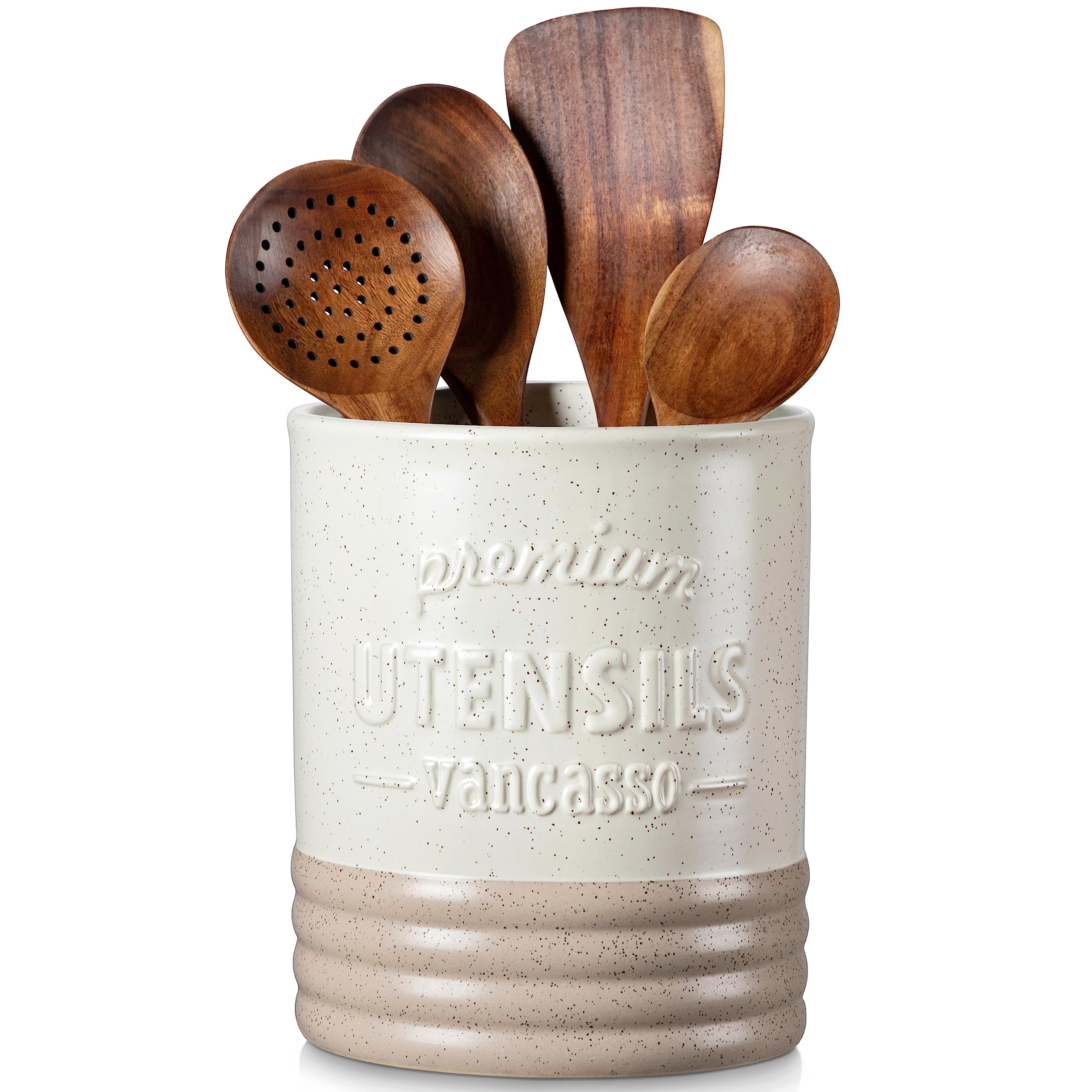 Vancasso Sabine utensil holder front view on a kitchen counter, showcasing size and presence