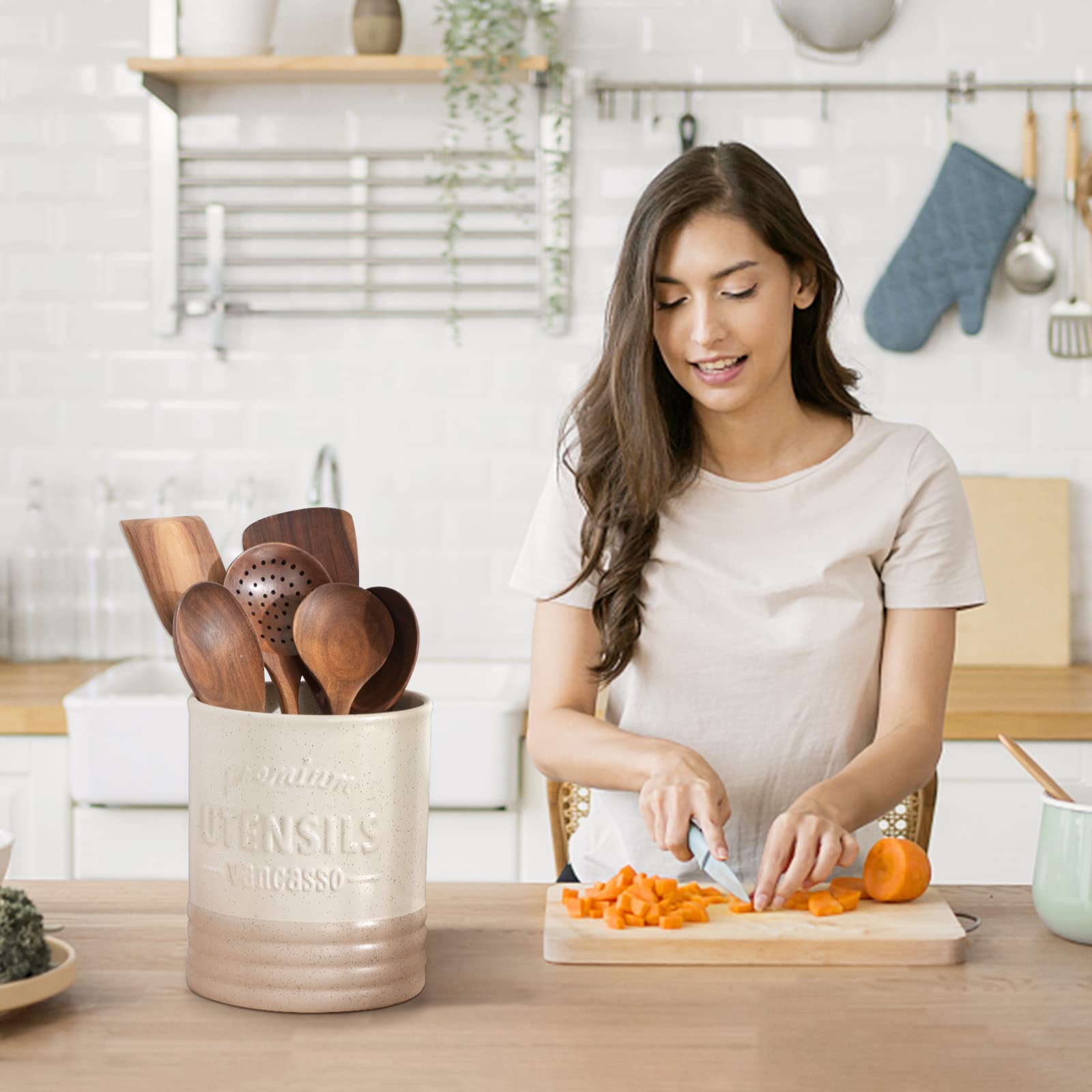 Sabine in use with spatulas and spoons neatly organized on the counter