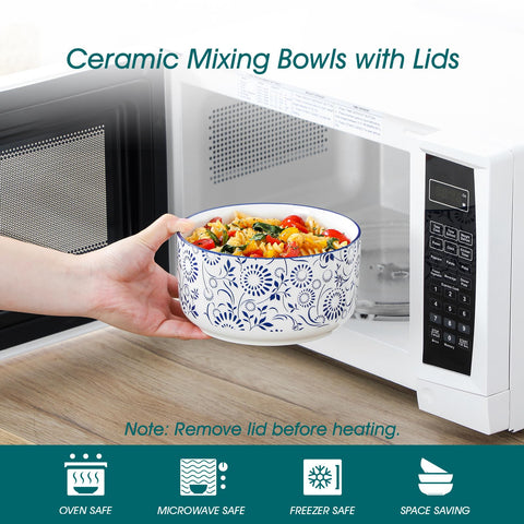 Vancasso Selene 36oz ceramic bowl with lid for fresh leftovers.