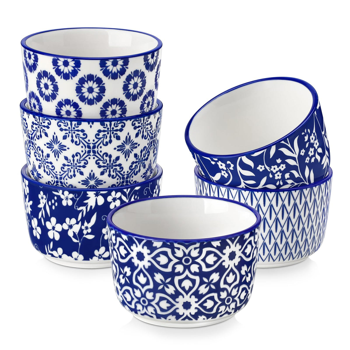 Vancasso Selene 4 oz ramekins with blue white pattern, perfect for individual creme brulee.