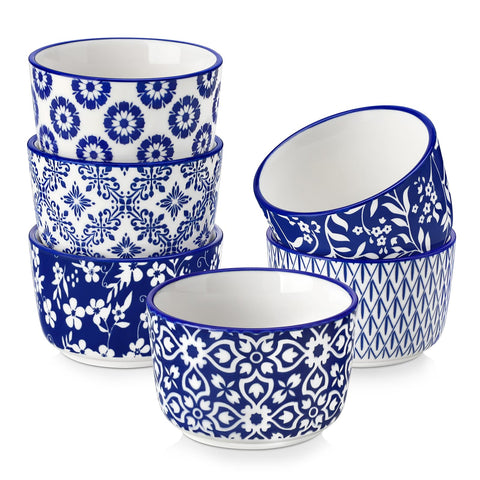 Vancasso Selene 4 oz ramekins with blue white pattern, perfect for individual creme brulee.