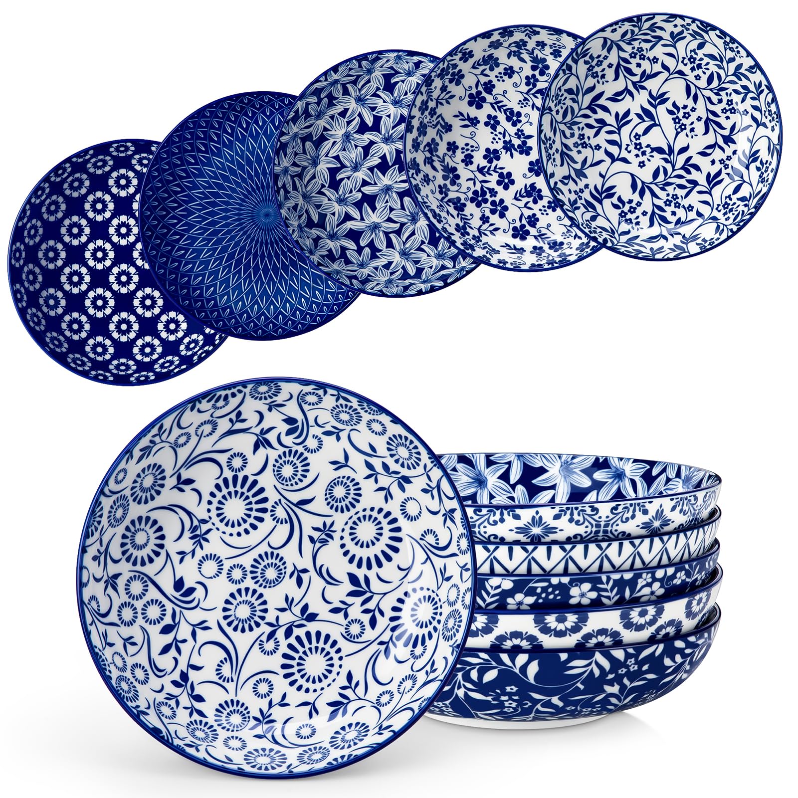 Vancasso Selene 8.5-inch bowls with blue-white florals, ideal for family meals