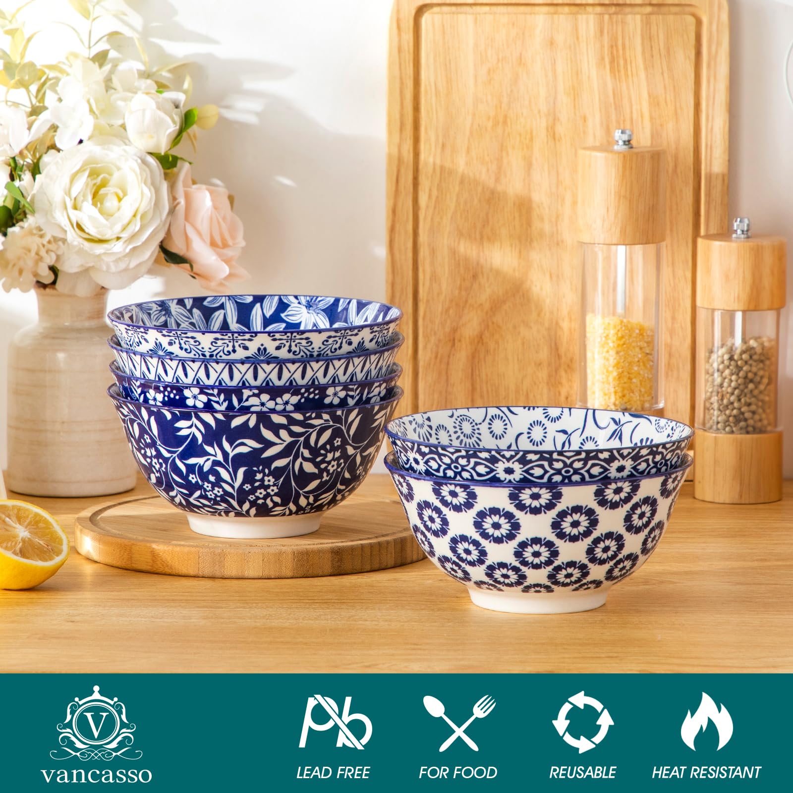 Vancasso Selene blue-white porcelain bowl set enhances table decor.