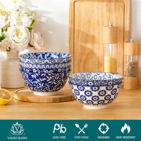 Vancasso Selene blue-white porcelain bowl set enhances table decor.