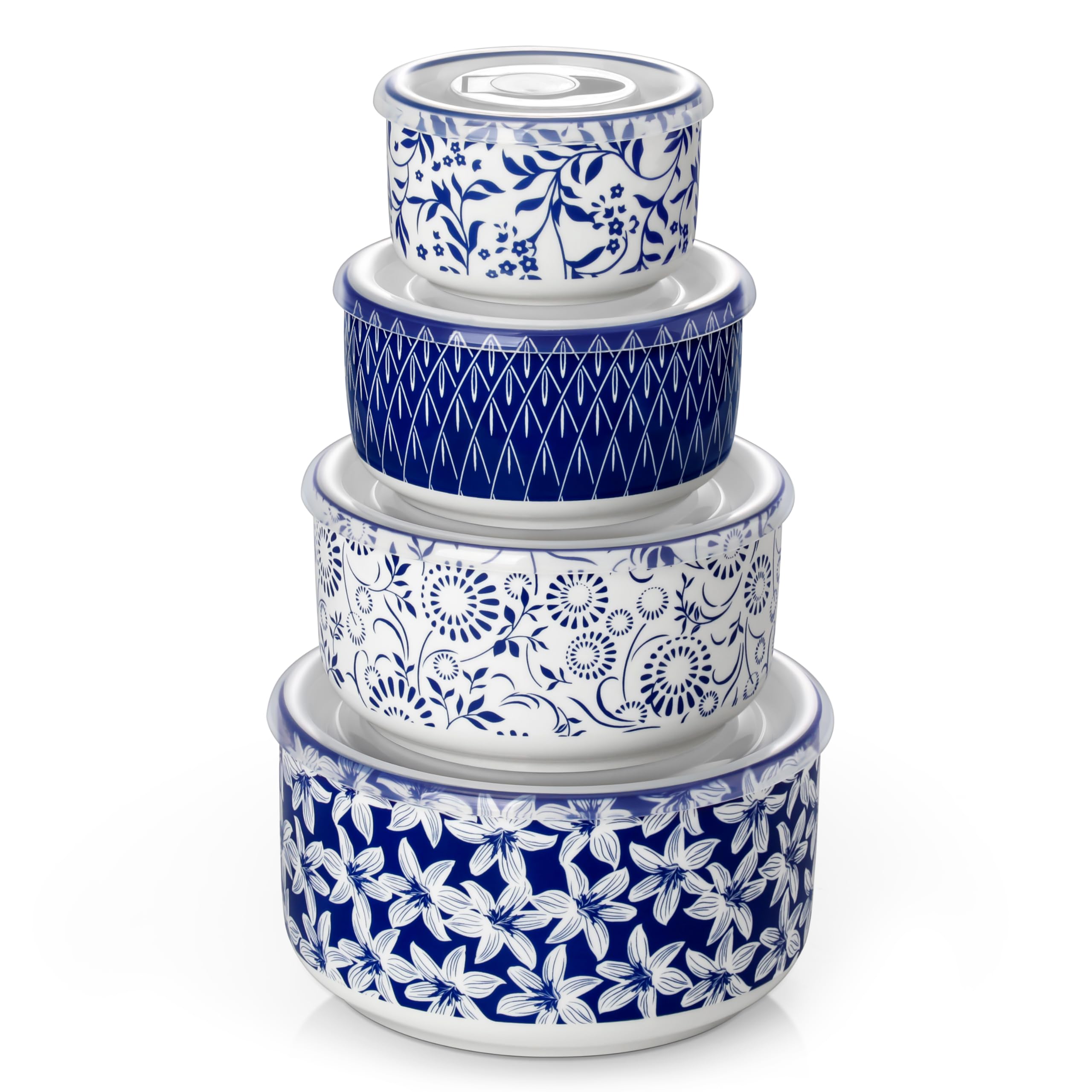 Vancasso Selene ceramic nesting bowls with lids in a compact 4-piece set for organized meal prep.