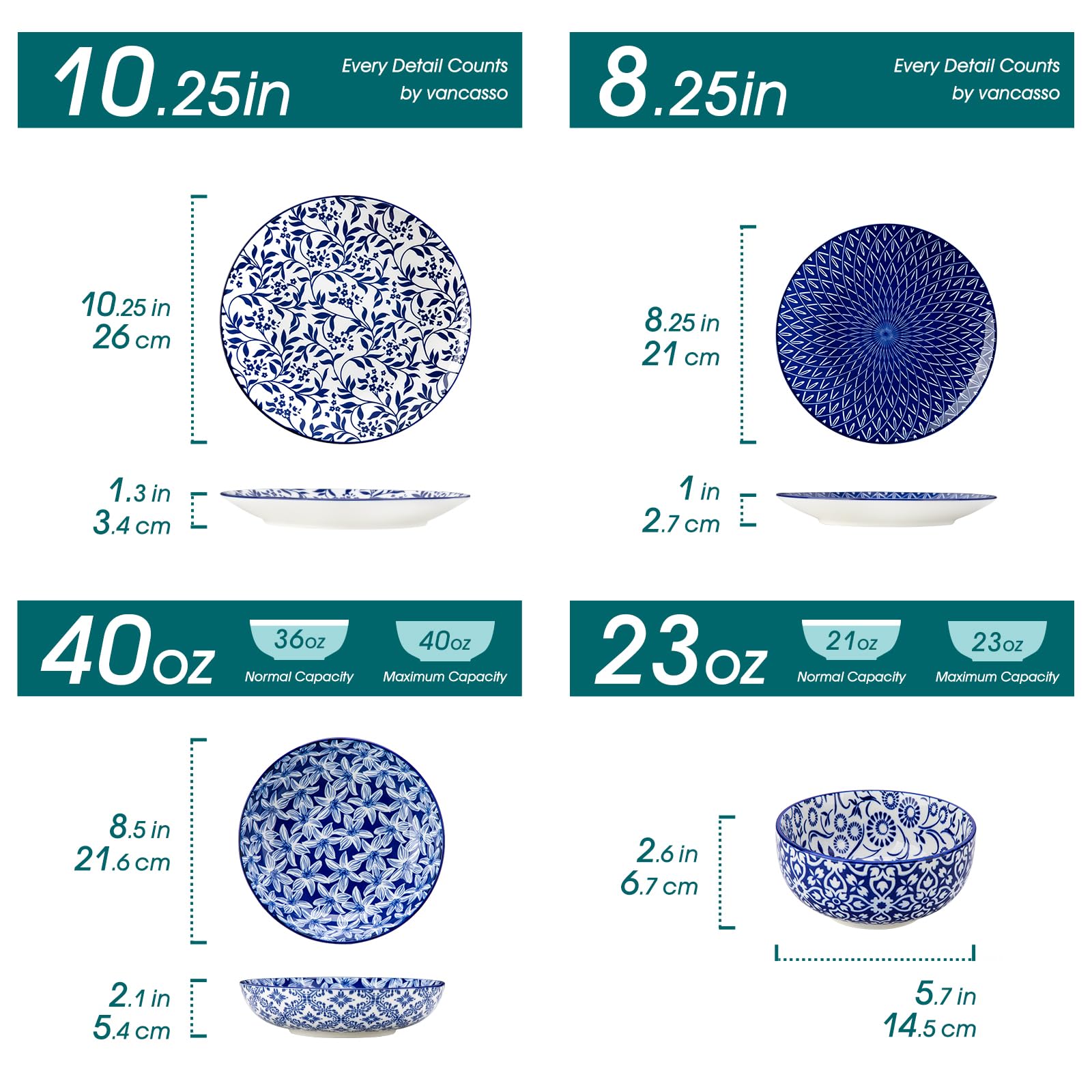 Vancasso Selene dessert plates display floral motifs against blue and white glaze.