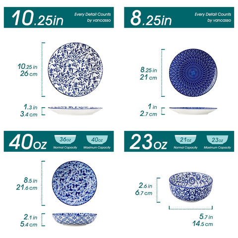 Vancasso Selene dessert plates display floral motifs against blue and white glaze.