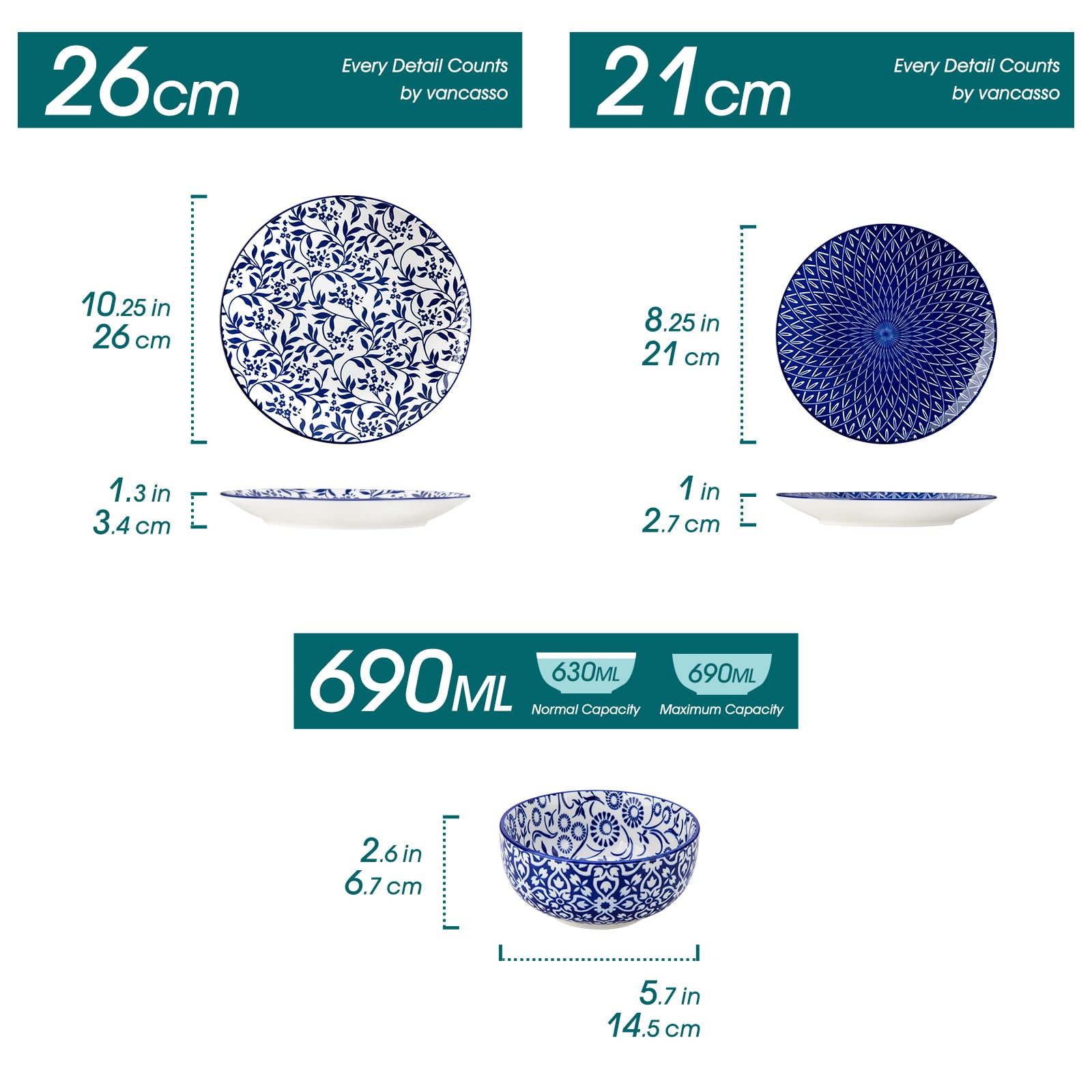 Vancasso Selene dessert plates (8.25 in) add a refined blue-white touch.