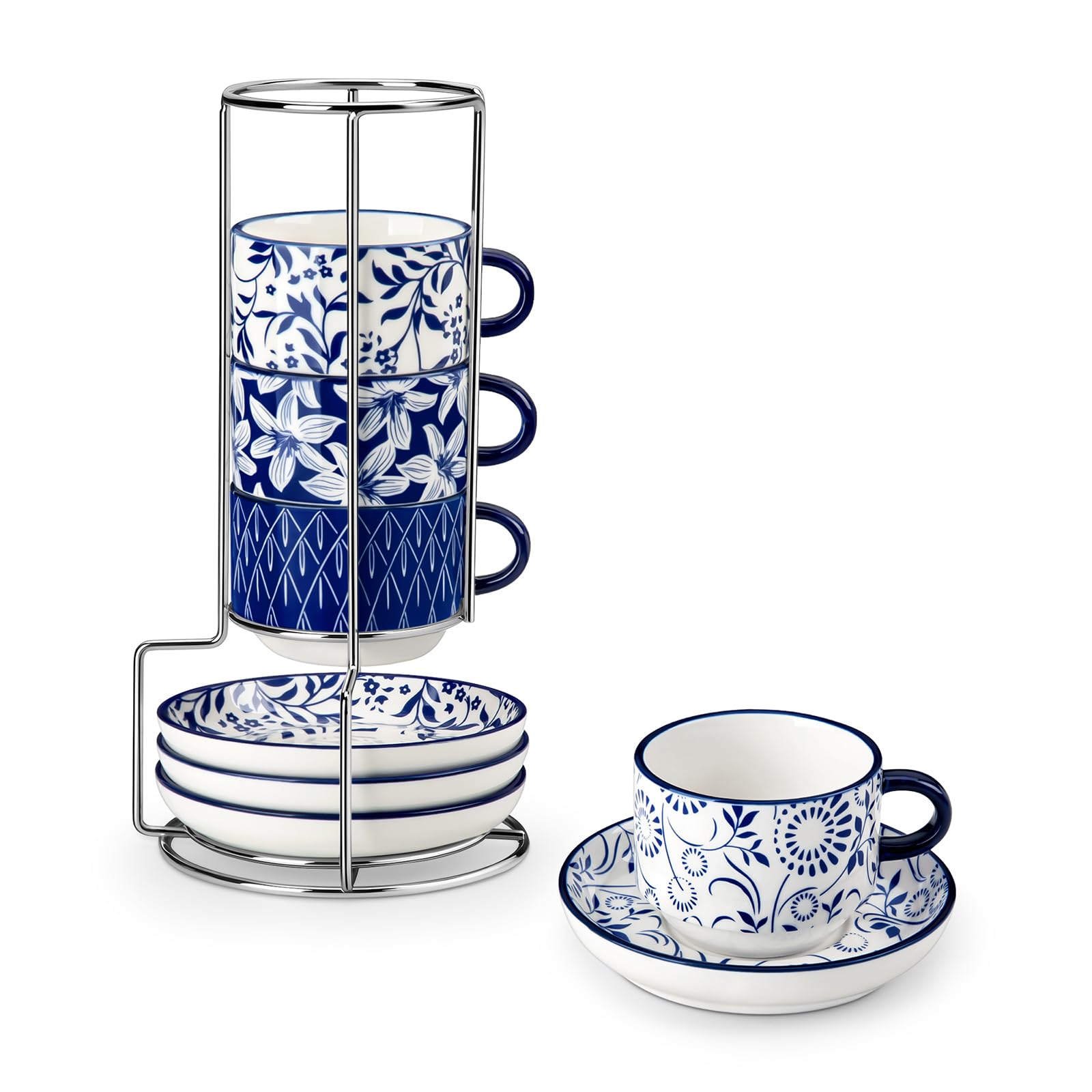 Vancasso Selene espresso cups with saucers on a metal stand for organized service