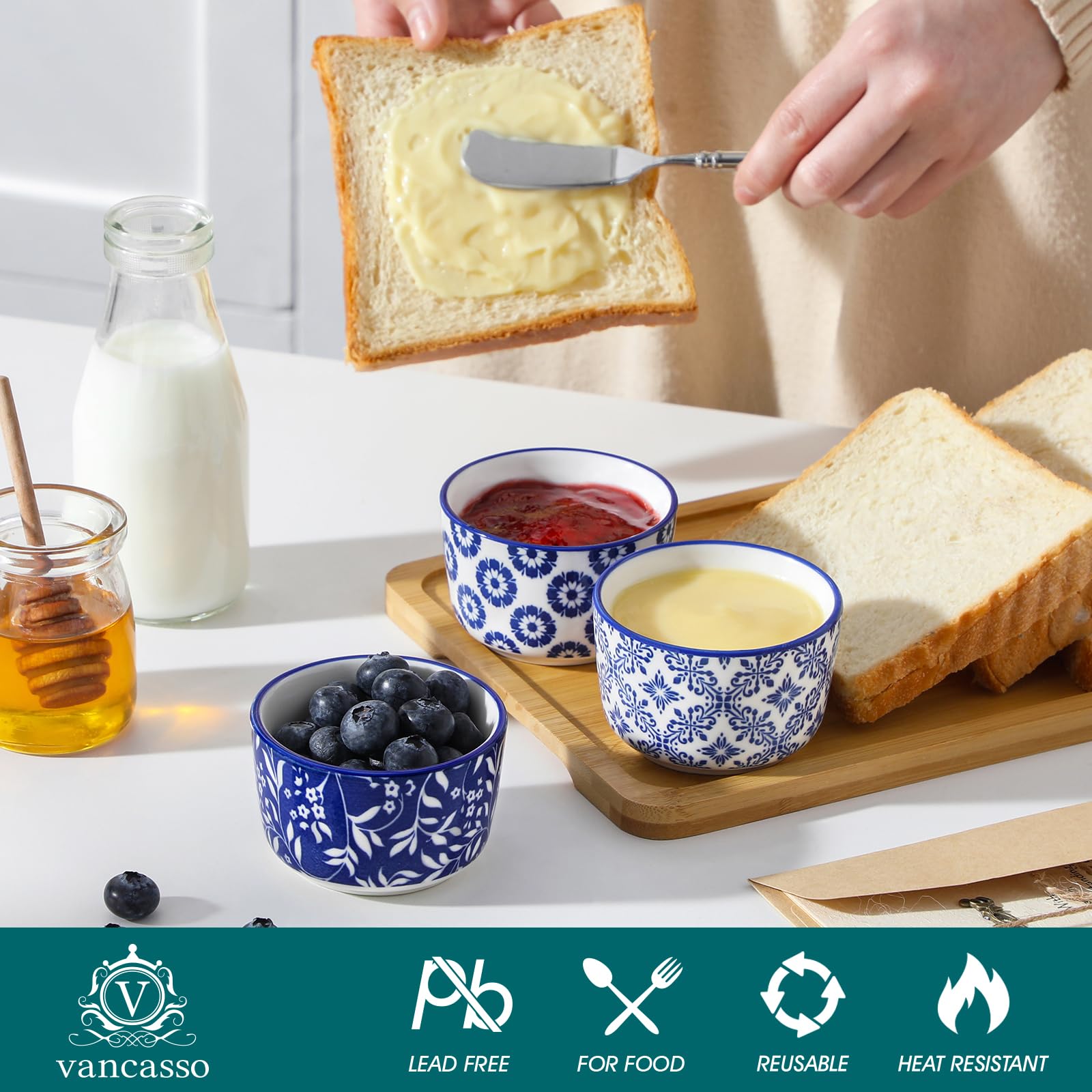 Vancasso Selene 4 oz ramekins are oven-safe for baking and broiling.