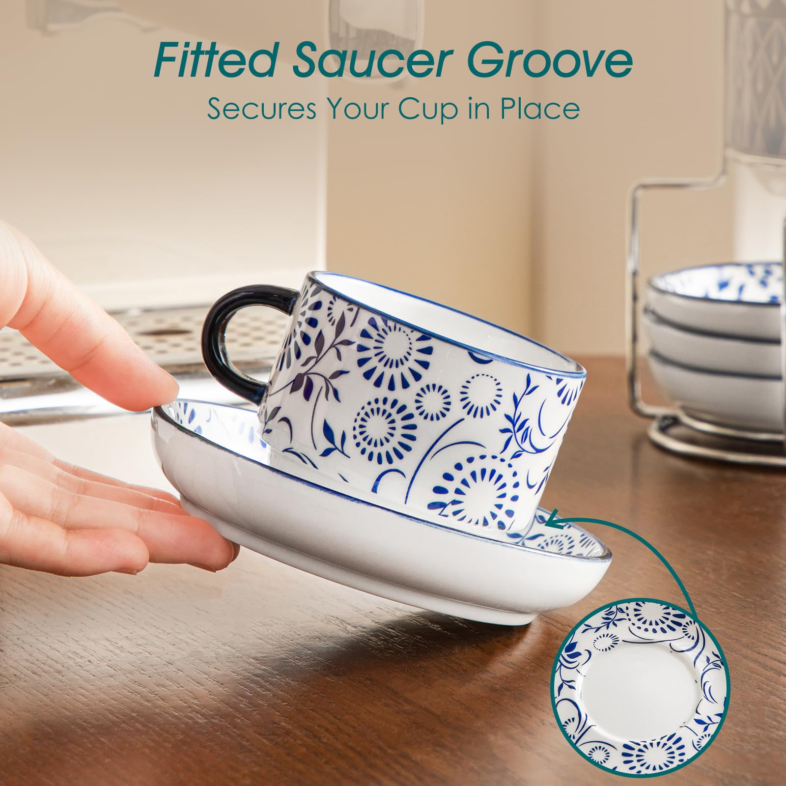 Vancasso Selene saucers with anti-slip groove prevent spills