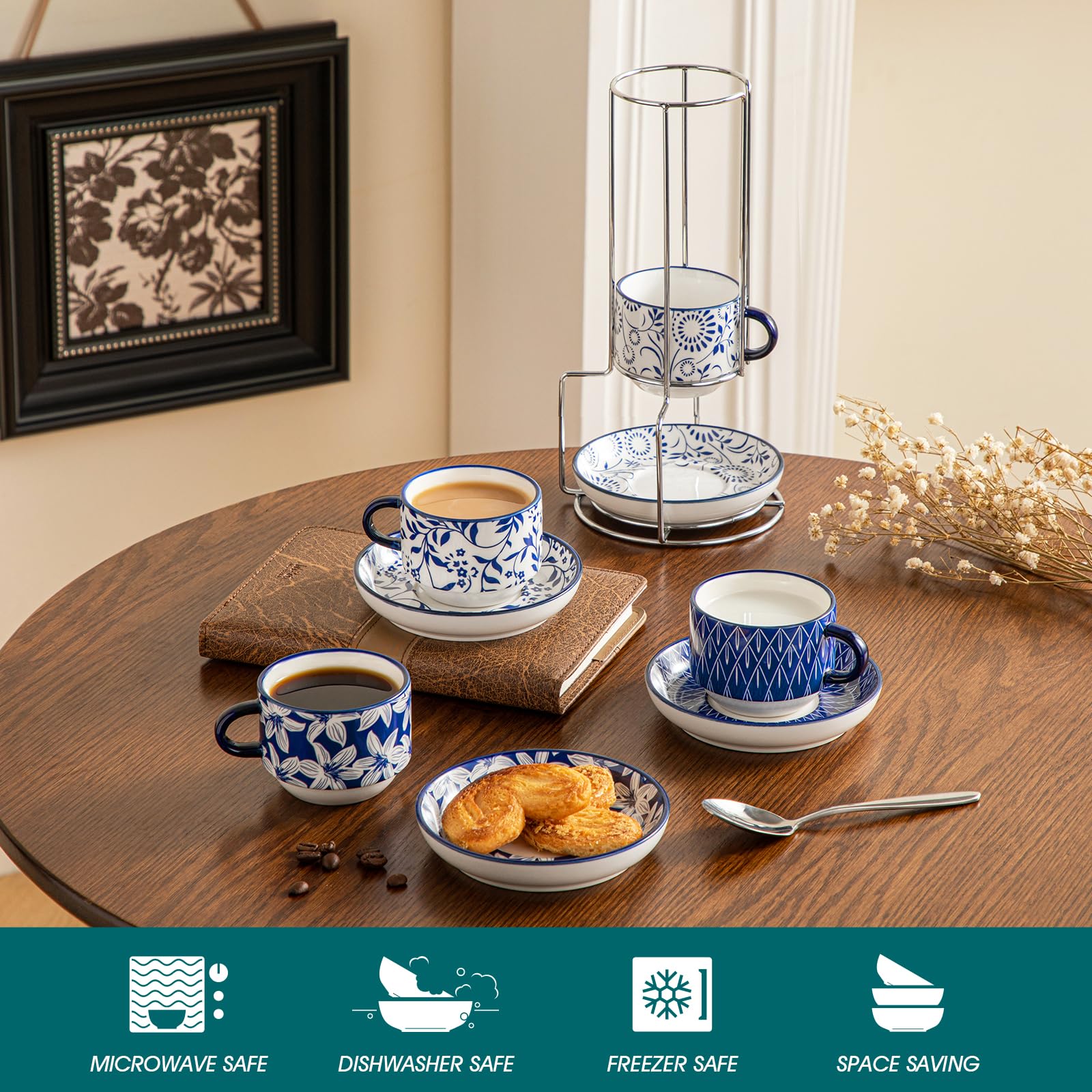 Vancasso Selene stackable cups on a stand saving space