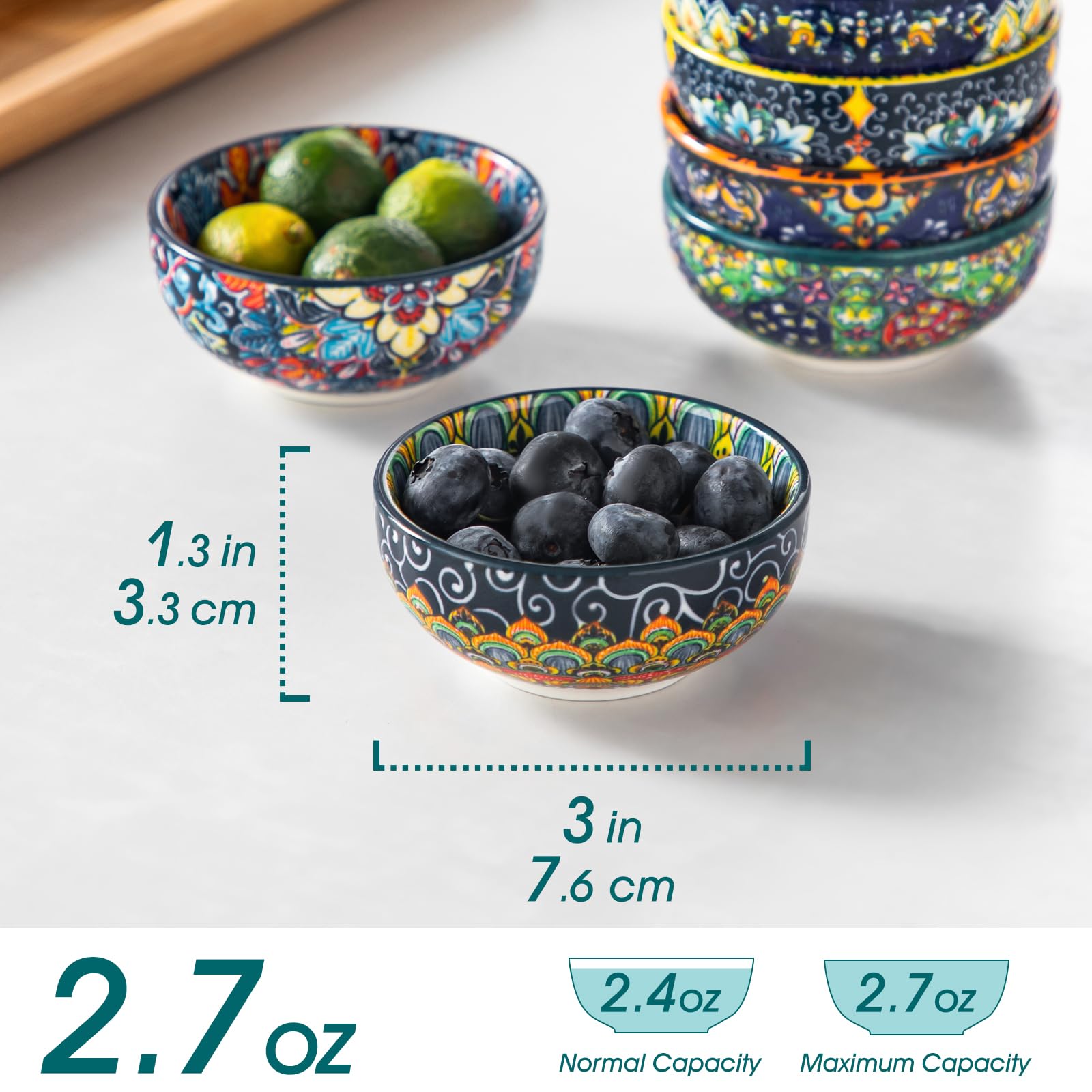 Close-up of vibrant Bohemian patterns on SIMI bowls for stylish serving.