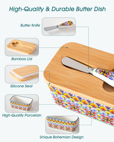 Vancasso SIMI butter dish Bohemian pattern brightens any kitchen counter.