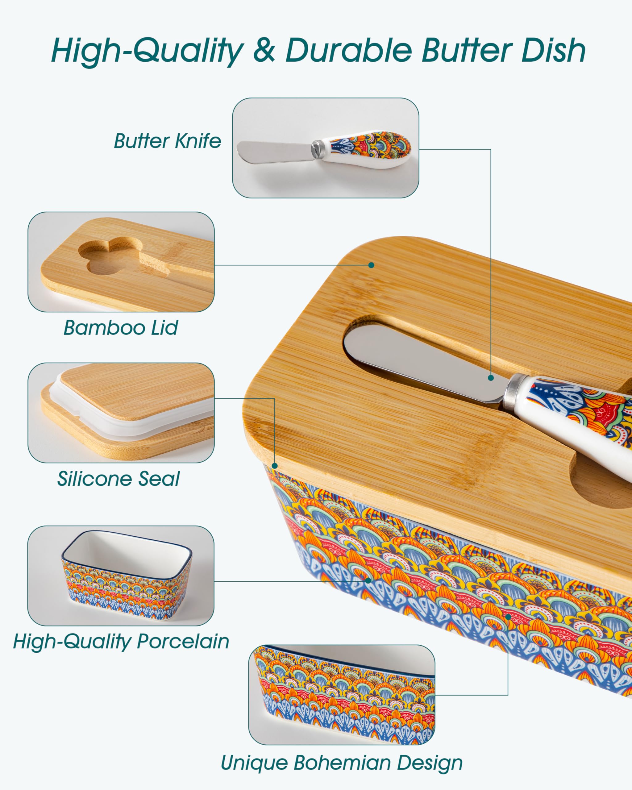 Vancasso SIMI butter dish bohemian pattern adds color and charm to countertops.
