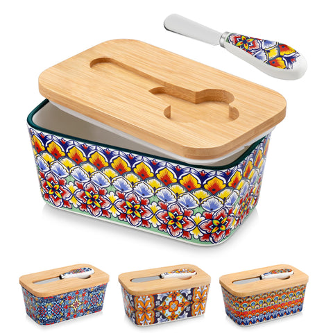 Vancasso SIMI butter dish front view with colorful Bohemian pattern, ideal for everyday storage.