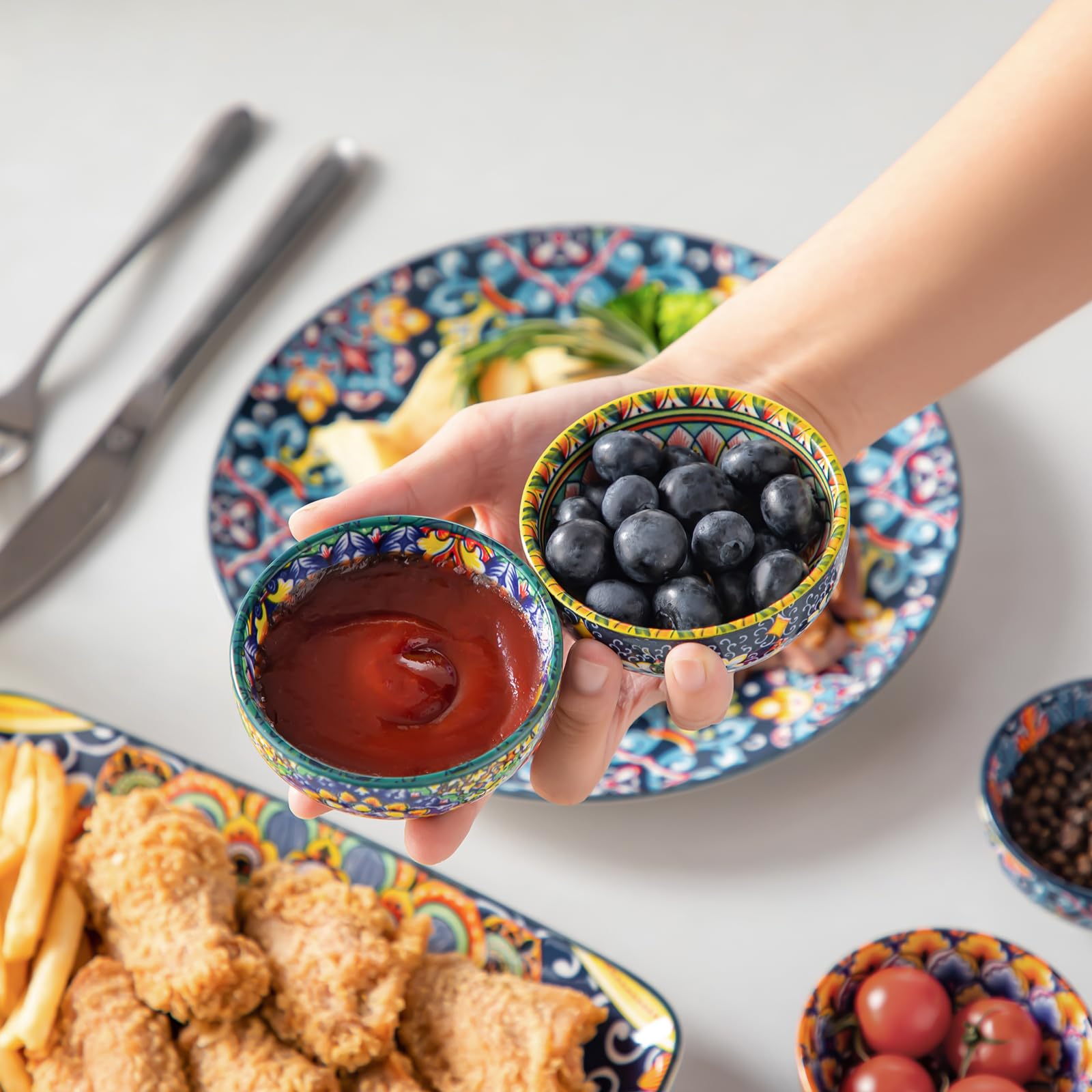 Dishwasher and microwave safe SIMI dipping bowls for easy cleanup.