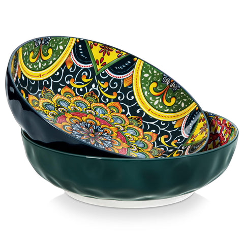 Vancasso Simi large serving bowls with Bohemian pattern in green, ideal for vibrant salads