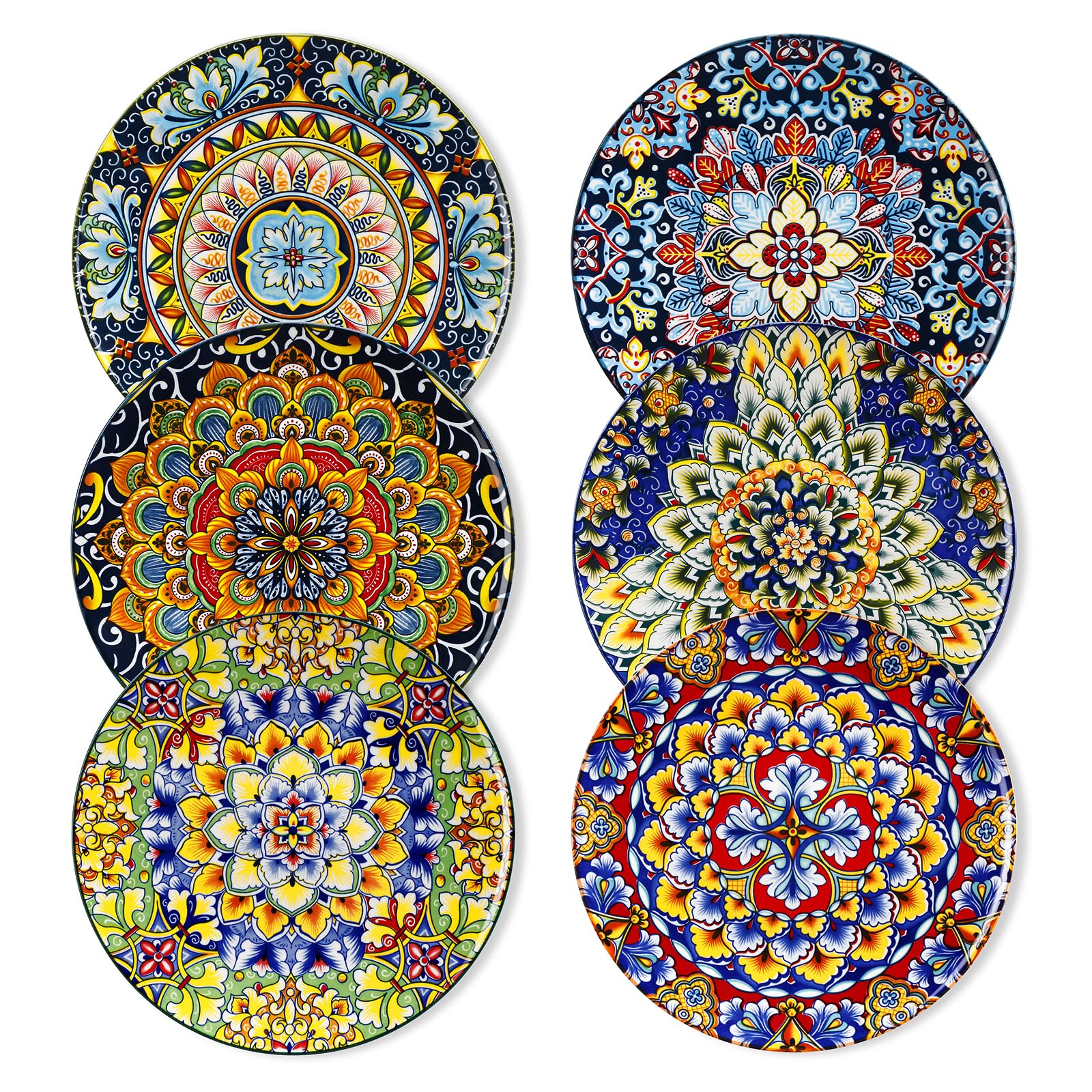 Vancasso Simi plates on table showcase vibrant Boho patterns for colorful dining.