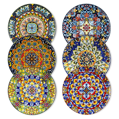 Vancasso Simi plates on table showcase vibrant Boho patterns for colorful dining.
