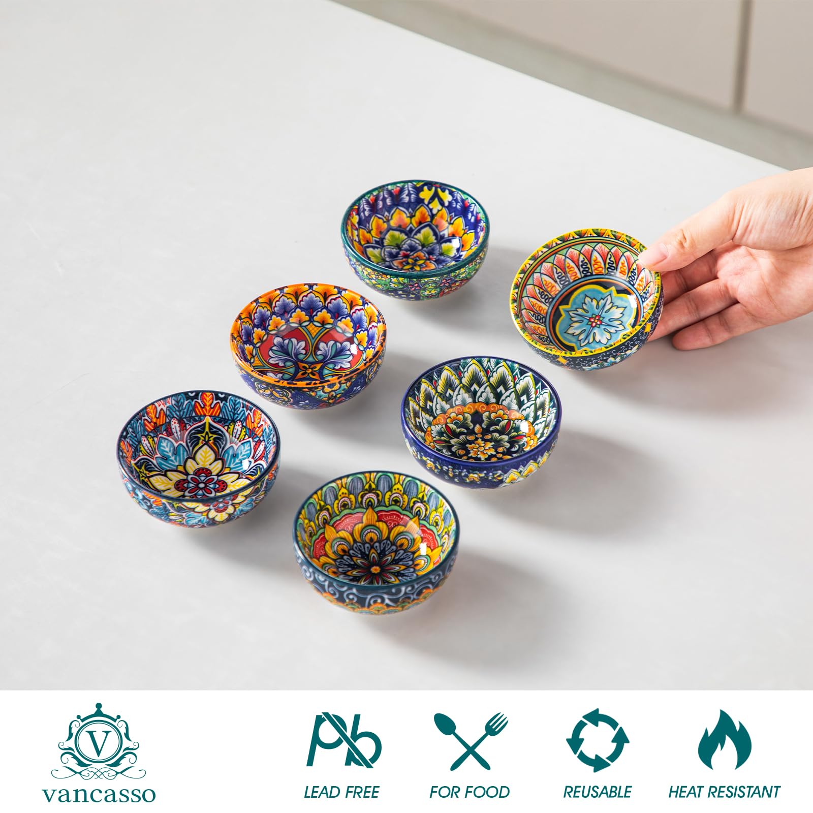 Six compact 2.7 oz bowls ready for dips and condiments.