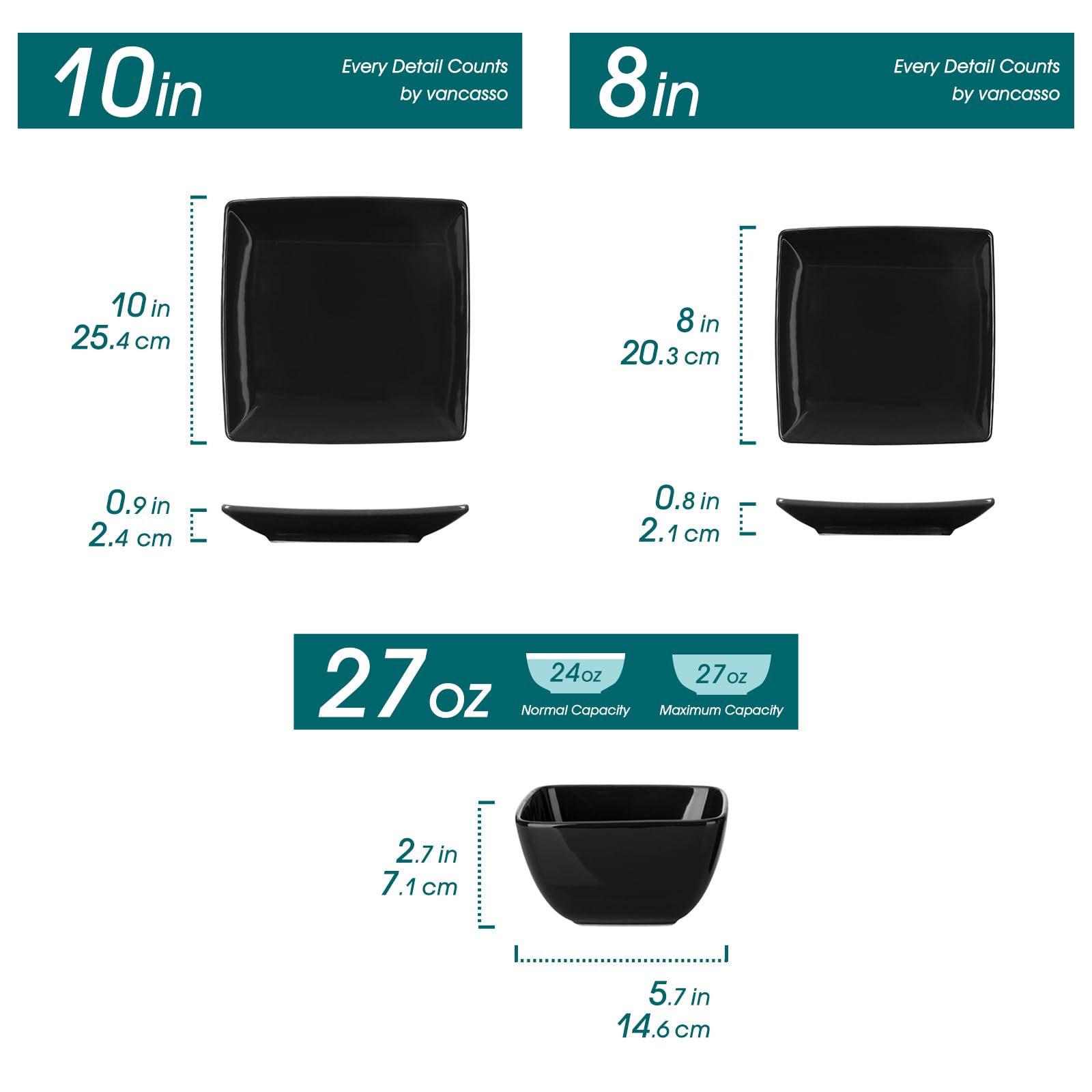 Vancasso Soho square dinner plate side view, smooth glaze and sturdy design.