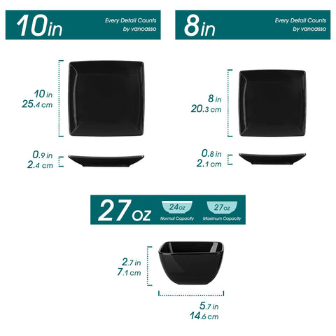 Vancasso Soho square dinner plate side view, smooth glaze and sturdy design.