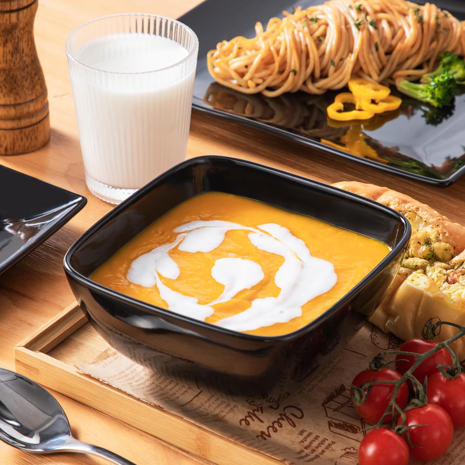 Vancasso Soho 12-piece set on table, modern square geometry elevates any meal.