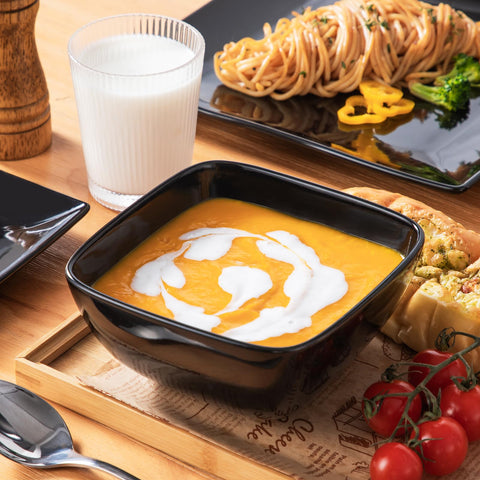 Vancasso Soho 12-piece set on table, modern square geometry elevates any meal.