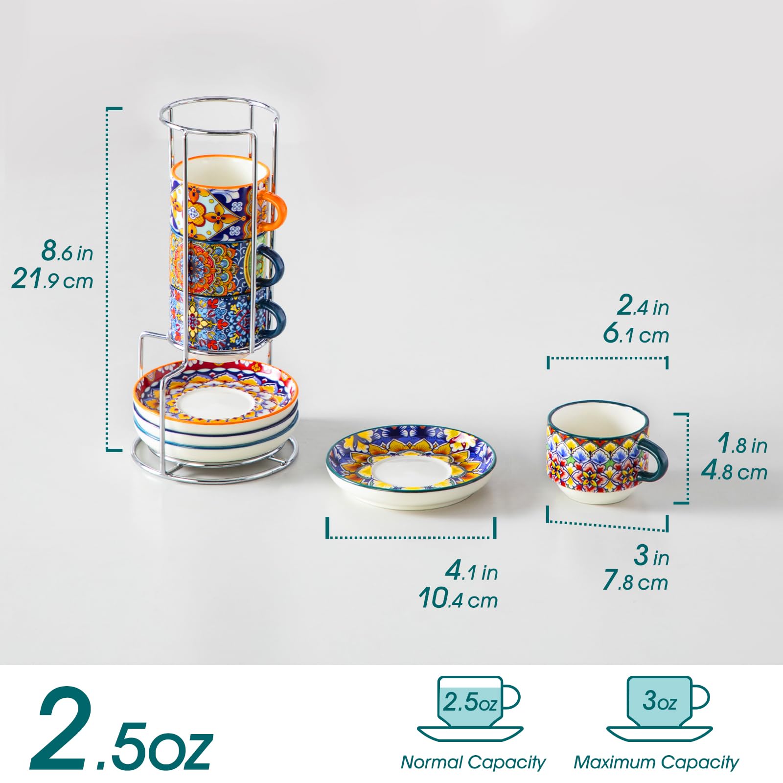 Vancasso stackable espresso cups on a metal rack save counter space and organize your coffee area.