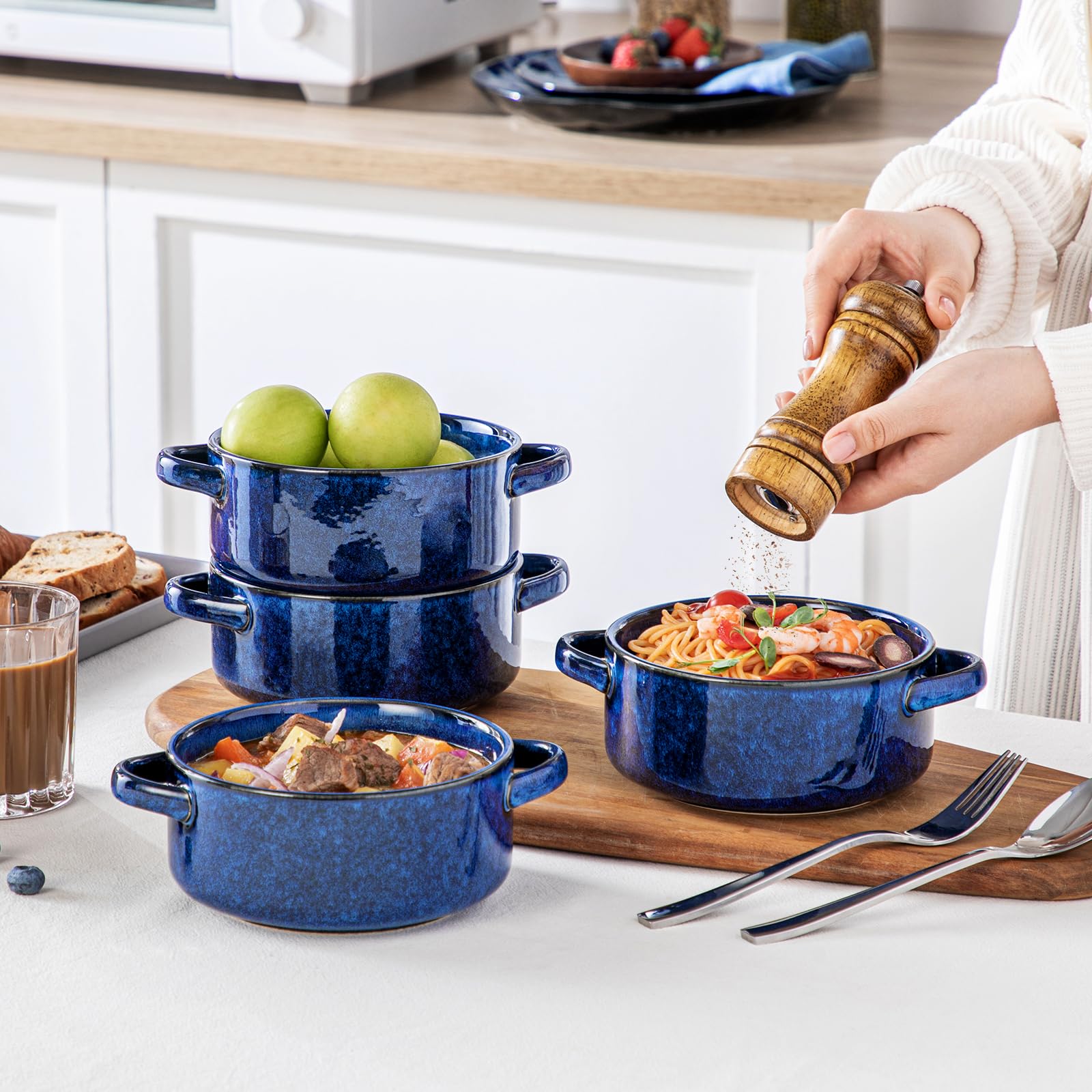Sturdy, stackable design saves cabinet space for kitchen storage.