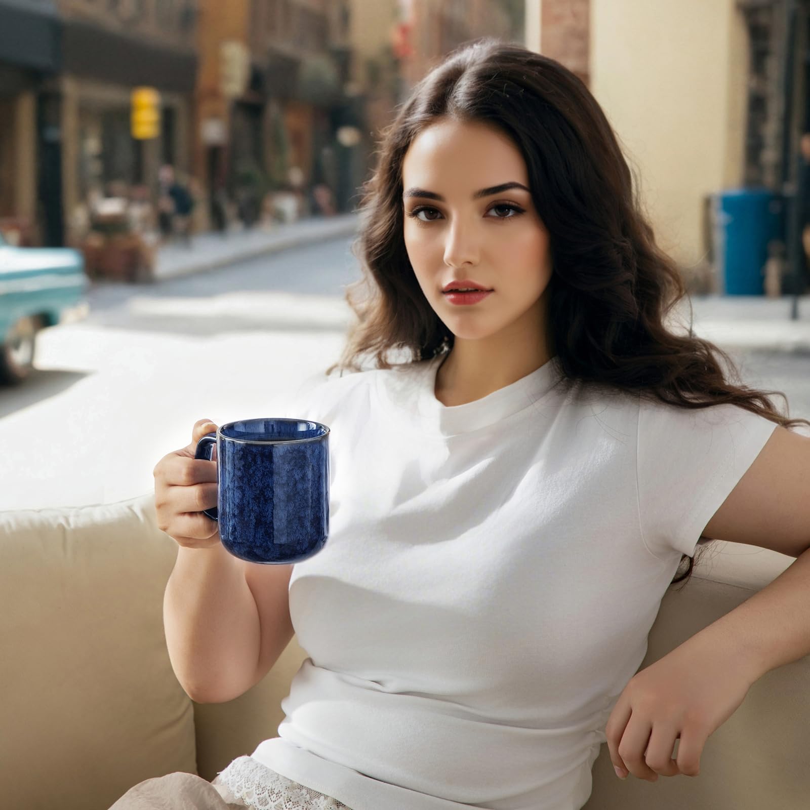 Microwave-safe STARRY mug for quick reheating of coffee or cocoa.