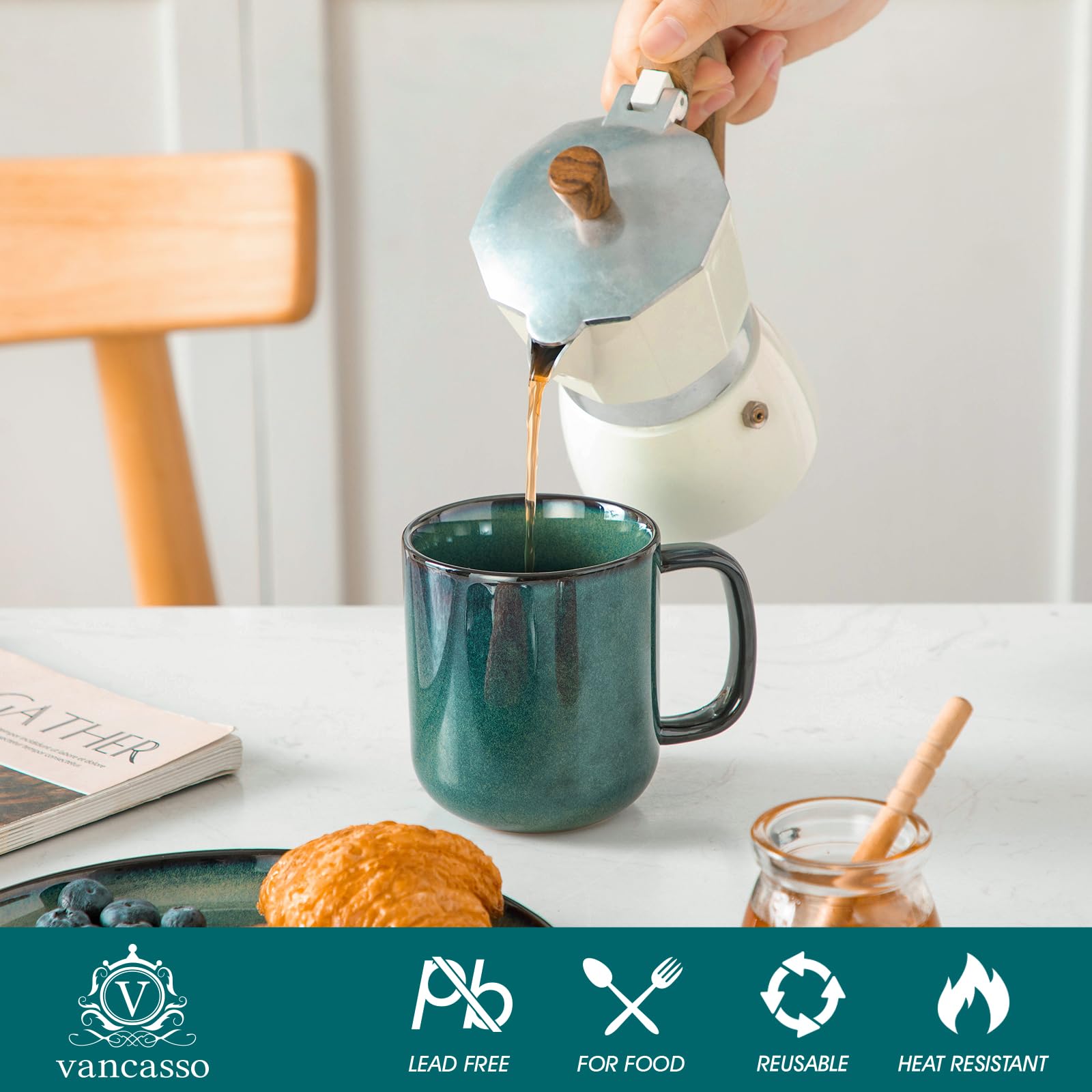 Vancasso STARRY mug microwave safe label highlights quick reheating option.