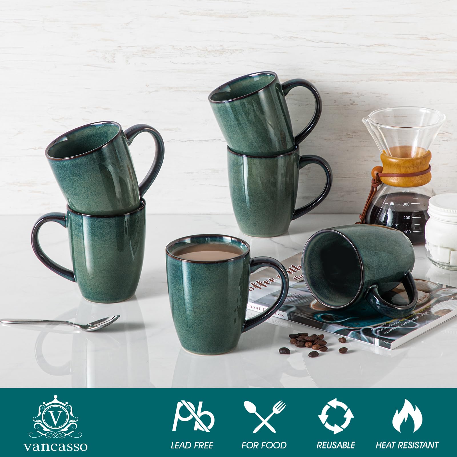 Vancasso Starry reactive glaze mugs, each with unique green finish.