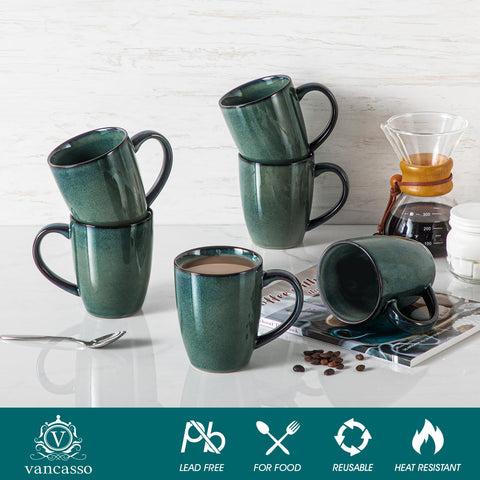 Vancasso Starry reactive glaze mugs, each with unique green finish.