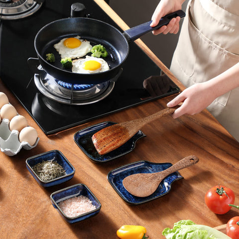 Vancasso Stern spoon rest, blue glaze, stable on countertops.