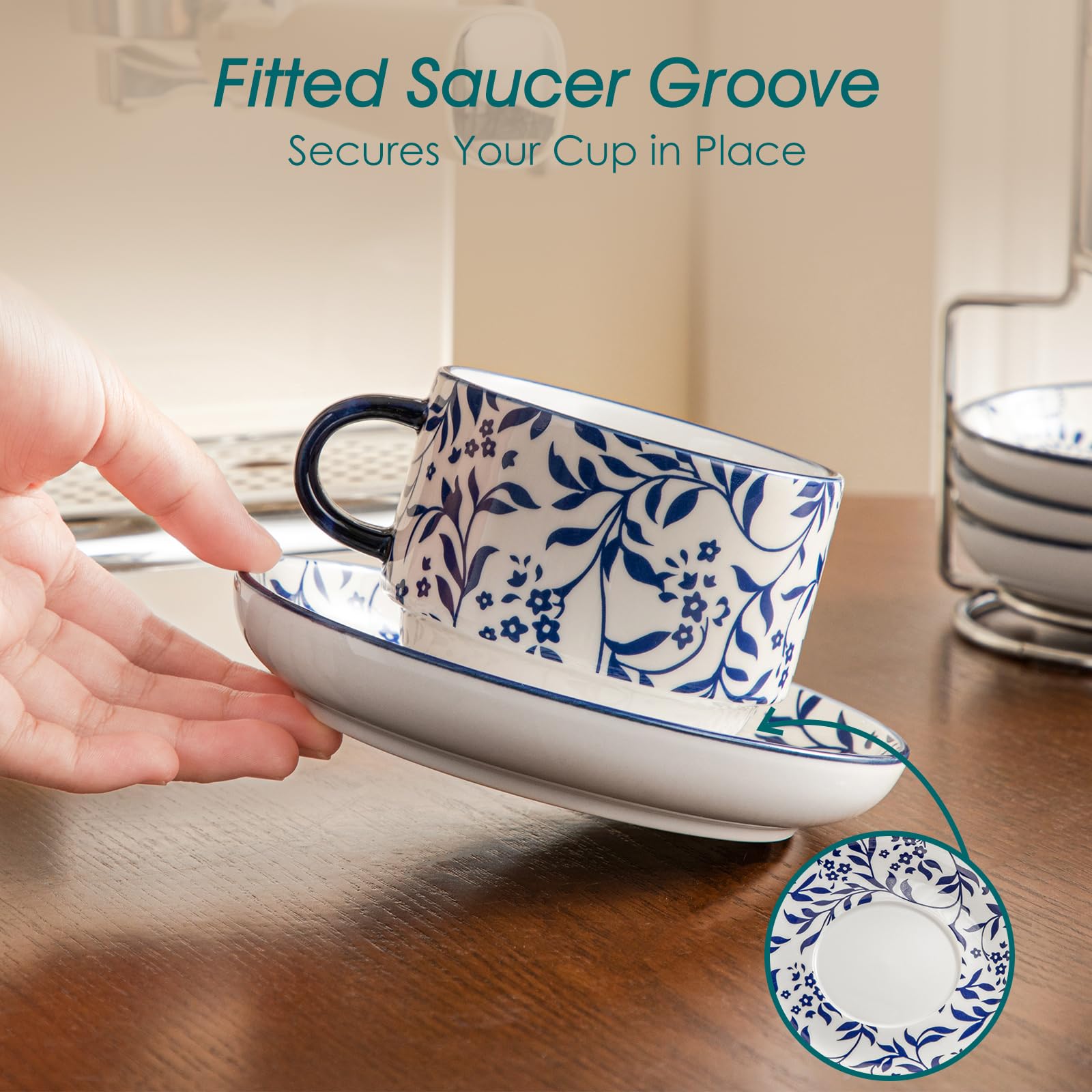 Vancasso vintage blue floral cups with saucers ready to use