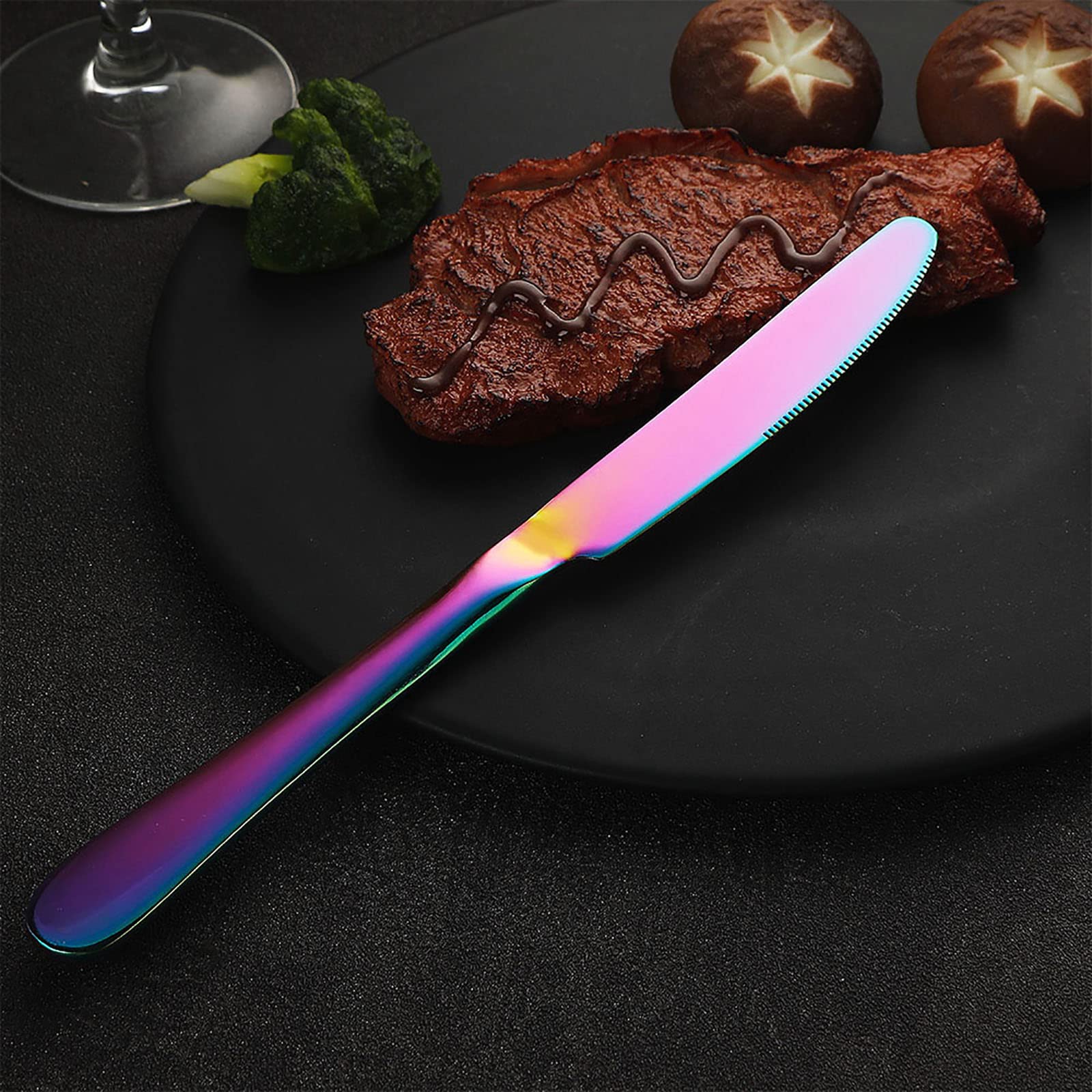 VANDBAO Rainbow Flatware Dining Knife features ergonomic curve for easier cutting