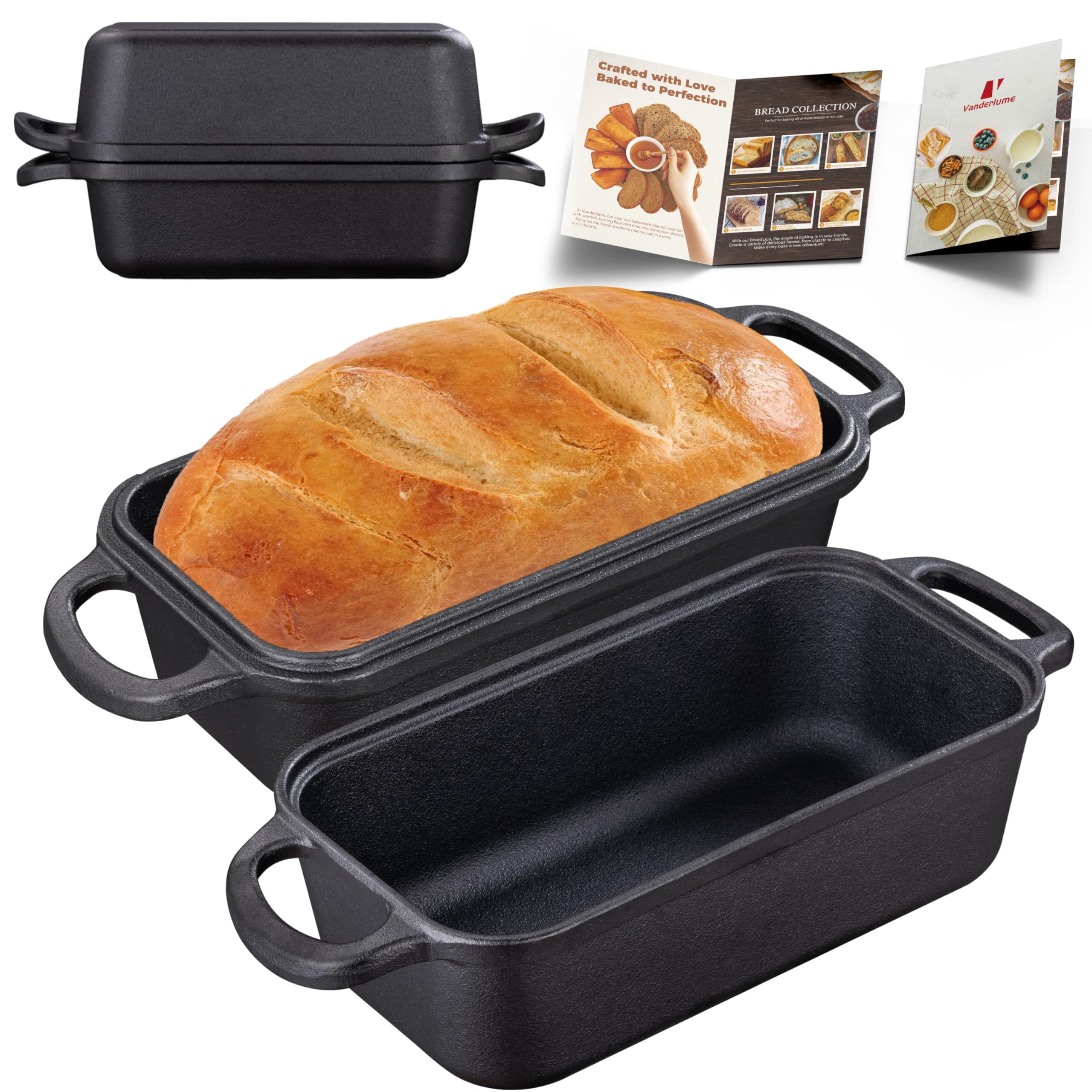 Vanderlume cast iron loaf pan with lid 9x5: even heat for crispy crust and moist interior.