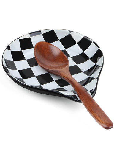 VanlonPro ceramic spoon rest with checkered pattern keeps utensils organized and stylish.