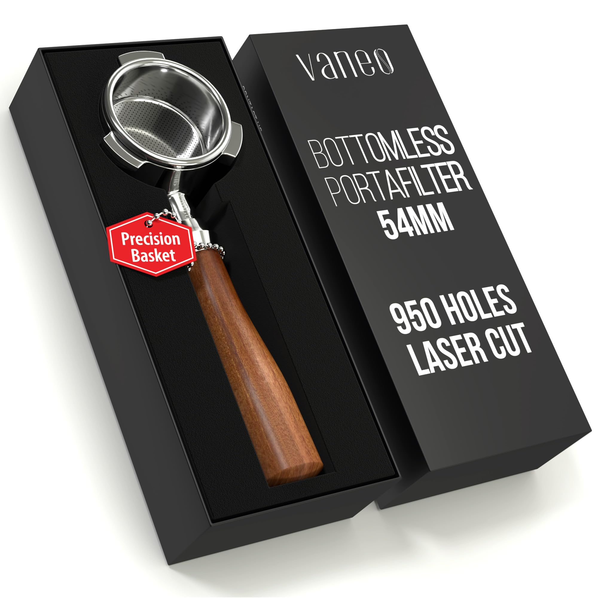 Vaneo 54mm bottomless portafilter with a red rosewood handle for precise dosing.