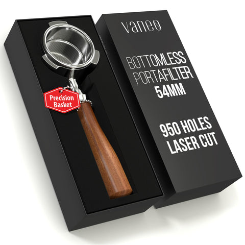 Vaneo 54mm bottomless portafilter with a red rosewood handle for precise dosing.