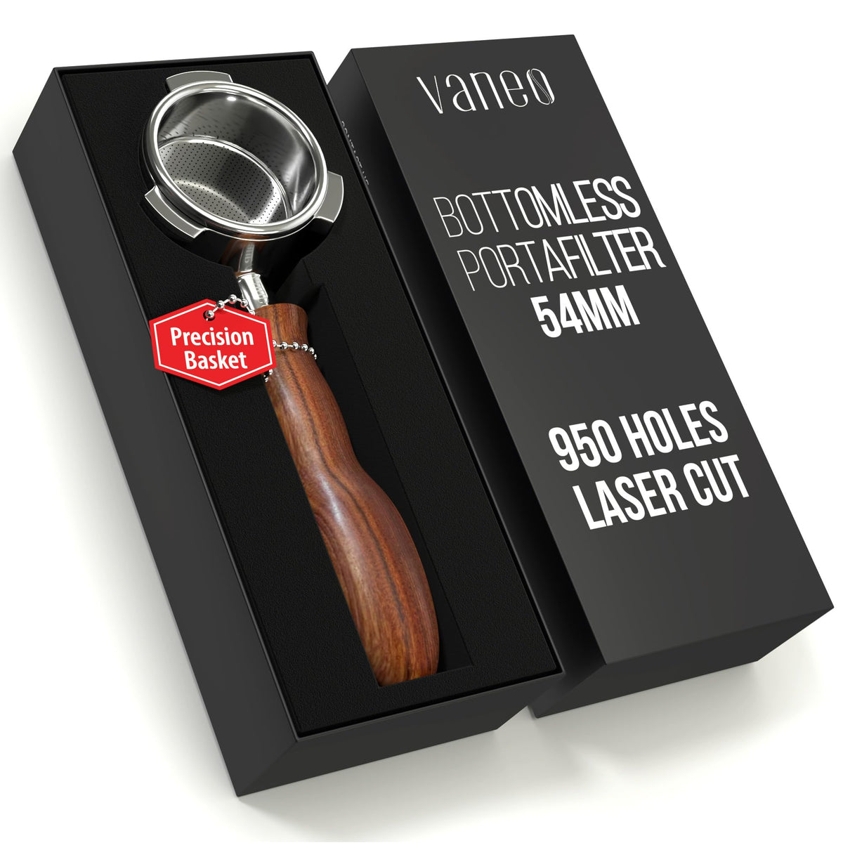 Vaneo 54mm bottomless portafilter for clear shot flow and precise control.