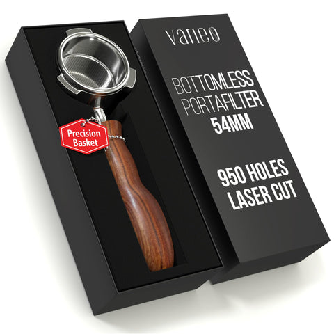 Vaneo 54mm bottomless portafilter for clear shot flow and precise control.
