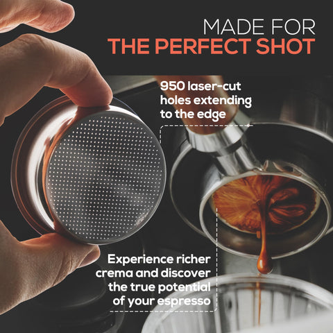 Vaneo 950-hole laser-cut basket for uniform pouring and crema.