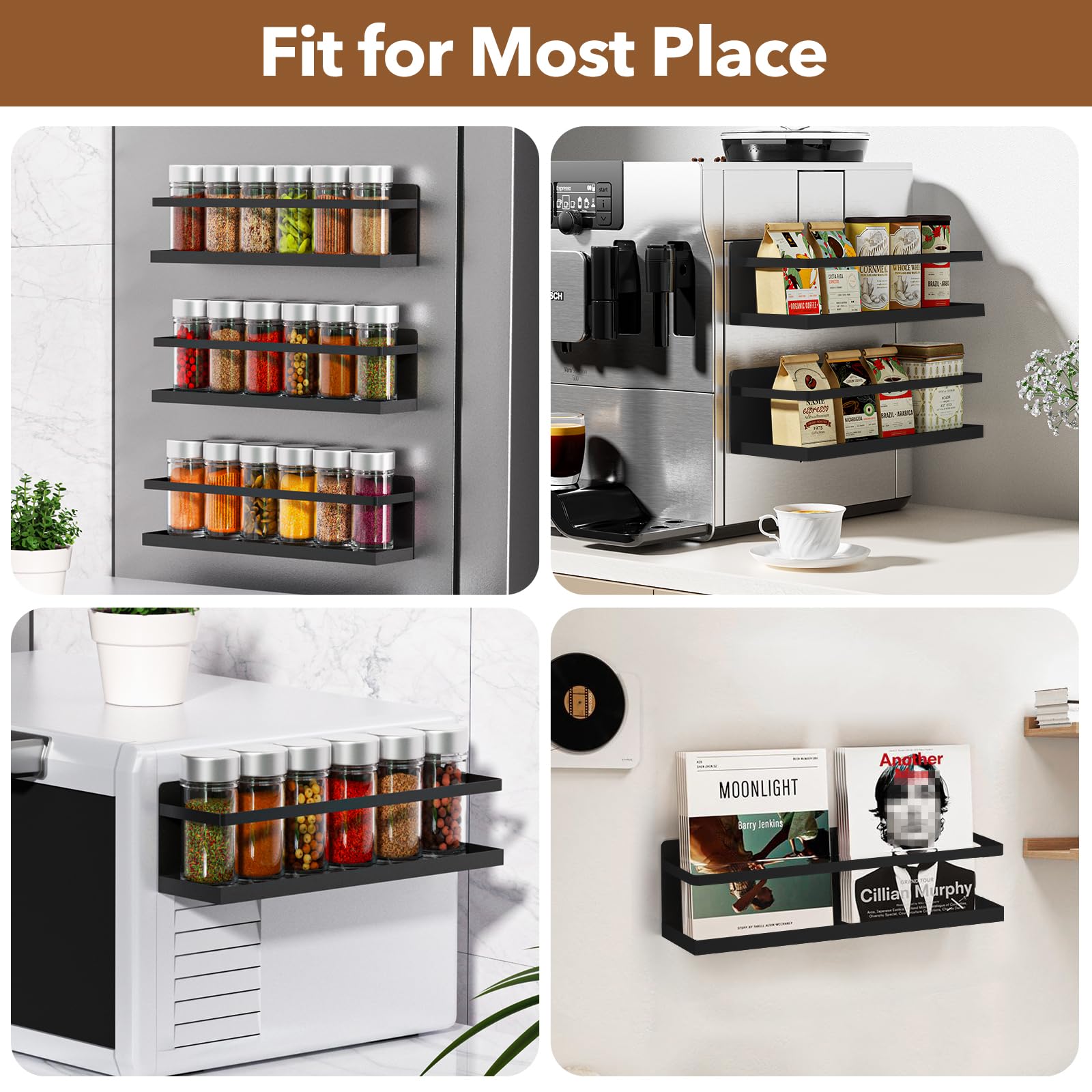 VANPET kitchen magnetic shelf on metal surface for easy spice access.