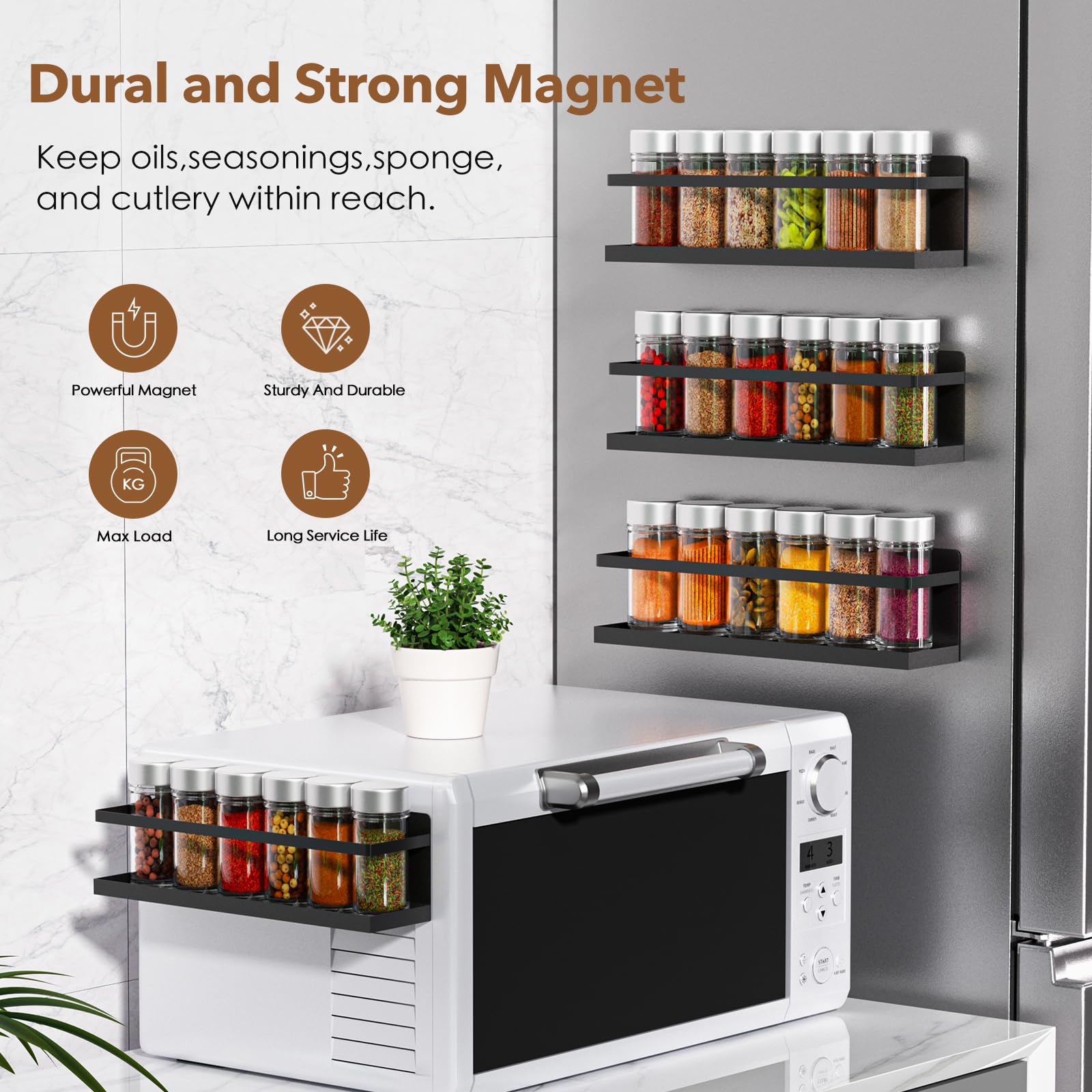 VANPET spice shelf with guard rail prevents jars from tipping.